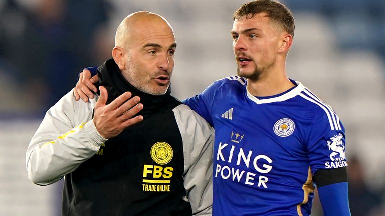 Leicester City Manager, Enzo Maresca, interacts with Kiernan Dewsbury-Hall following the Sky Bet Championship match at King Power Stadium, Leicester. Picture date: Tuesday October 24, 2023.