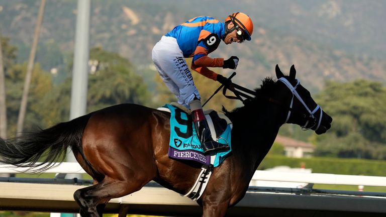 John Velazquez celebrates as he rides Fierceness after winning the Breeders' Cup Juvenile 