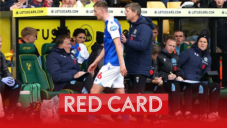 Blackburn Rovers&#39; Scott Wharton gets sent off with his side leading away at Norwich City in the Sky Bet Championship.