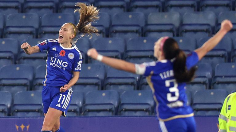 Janice Cayman of Leicester City celebrates after scoring their second goal against Arsenal in the Women's Super League