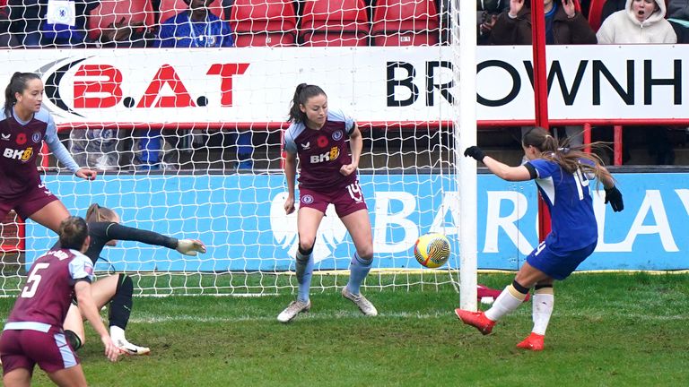 Chelsea&#39;s Fran Kirby scores their sides second goal during the Barclays Women&#39;s Super League match at the Poundland Bescot Stadium, Walsall. Picture date: Saturday November 4, 2023.