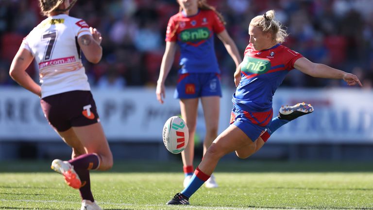 NEWCASTLE, AUSTRALIA - SEPTEMBER 24: Georgia Roche of the Knights kicks the ball during the NRLW Semi Final match between Newcastle Knights and Brisbane Broncos at McDonald Jones Stadium, on September 24, 2023, in Newcastle, Australia. (Photo by Scott Gardiner/Getty Images)