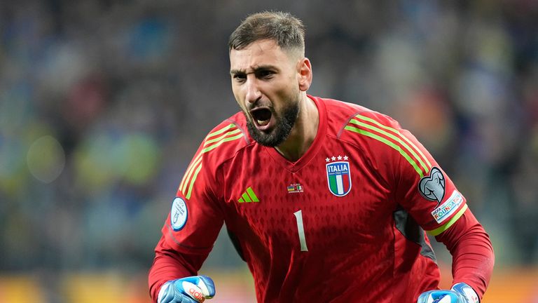 Italy's goalkeeper Gianluigi Donnarumma reacts after the Euro 2024 group C qualifying soccer match between Ukraine and Italy at the BayArena in Leverkusen, Germany, Monday, Nov. 20, 2023. (AP Photo/Martin Meissner)