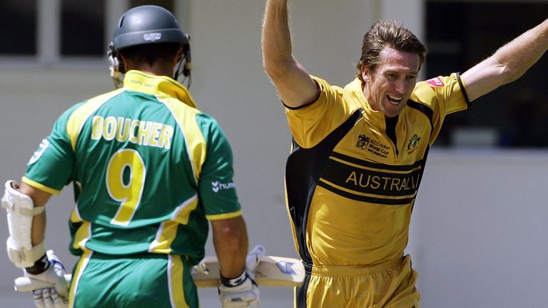 Glenn McGrath celebrates the wicket of Mark Boucher during Australia's 2007 Cricket World Cup semi-final win over South Africa