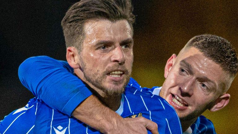 PERTH, SCOTLAND - NOVEMBER 11: St Johnstone's Graham Carey celebrates scoring to make it 1-0 with Liam Gordon during a cinch Premiership match between St Johnstone and Ross County at McDiarmid Park, on November 11, 2023, in Perth, Scotland. (Photo by Alan Harvey / SNS Group)
