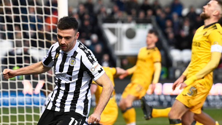 PAISLEY, SCOTLAND - NOVEMBER 25: St Mirren's Greg Kiltie celebrates after Sean Kelly scores an own goal to put St Mirren 1-0 up during a cinch Premiership match between St Mirren and Livingston at the SMiSA Stadium, on November 25, 2023,  in Paisley, Scotland. (Photo by Rob Casey / SNS Group)