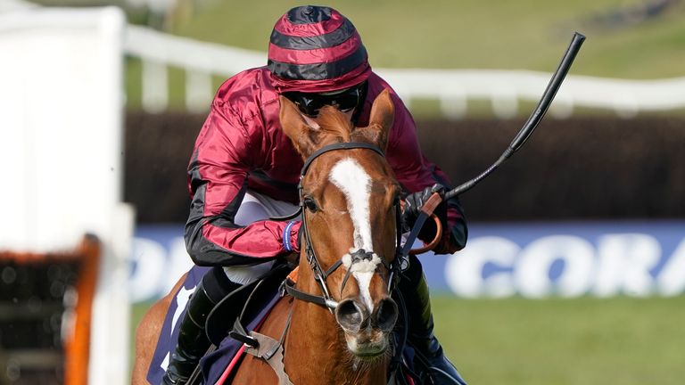 Harry Cobden riding Grivetana clear the last to win The Core Hereford Mares&#39; &#39;National Hunt&#39; Novices&#39; Hurdle at Chepstow 