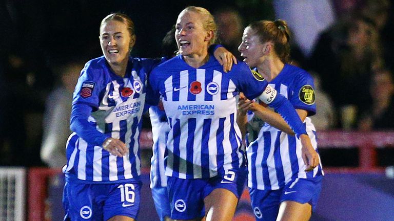 Guro Bergsvand celebrates scoring for Brighton vs Man Utd in WSL match