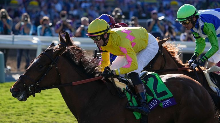 Flavien Prat rides Hard To Justify to win the Breeders' Cup Juvenile Fillies Turf