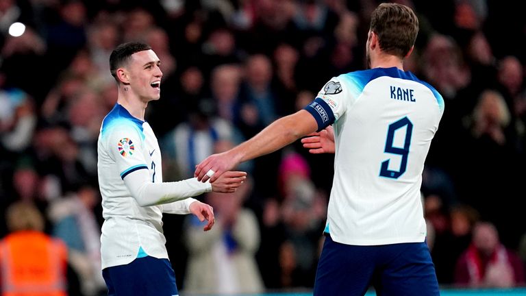 Harry Kane and Phil Foden celebrate after England took the lead against Malta through an own goal