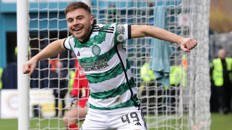 Celtic&#39;s James Forrest celebrates scoring their side&#39;s third goal of the game during the cinch Premiership match at the Global Energy Stadium, Dingwall. Picture date: Saturday November 4, 2023.
