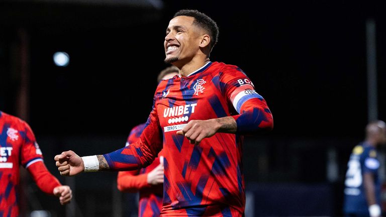 DUNDEE, SCOTLAND - NOVEMBER 01: Rangers' James Tavernier celebrates after scoring to make it 5-0 during a cinch Premiership match between Dundee FC and Rangers at The Scot Foam Stadium at Dens Park, on November 01, 2023, in Dundee, Scotland.  (Photo by Ross Parker / SNS Group)