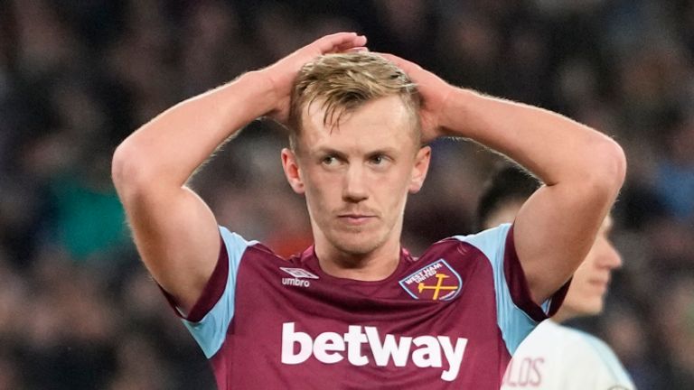 West Ham's James Ward-Prowse, centre, reacts after missing a chance during the Europa League Group A soccer match between West Ham United and Olympiacos at the London stadium in London, Thursday, Nov. 9, 2023. (AP Photo/Kirsty Wigglesworth)