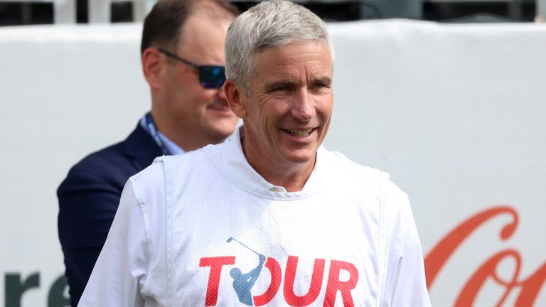 ATLANTA, GA - AUGUST 24: PGA Tour Commissioner Jay Monahan during the first round of the 2023 Tour Championship on August 24, 2023 at East Lake Golf Club in Atlanta, Georgia. (Photo by Michael Wade/Icon Sportswire) (Icon Sportswire via AP Images)