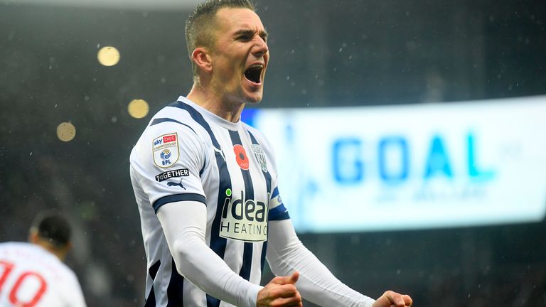Jed Wallace celebrates scoring West Brom's first goal in a 3-1 win over Hull City