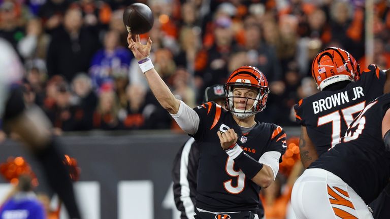 Cincinnati Bengals quarterback Joe Burrow (9) throws a pass during an NFL football game against the Buffalo Bills, Sunday, Nov. 5, 2023, in Cincinnati. (AP Photo/Gary McCullough)