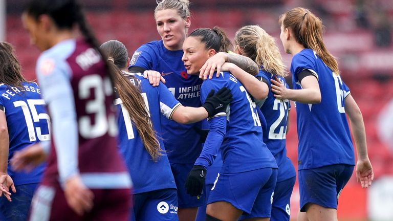 Chelsea's Johanna Kaneryd celebrates after scoring their sides third goal during the Barclays Women's Super League match at the Poundland Bescot Stadium, Walsall. Picture date: Saturday November 4, 2023.