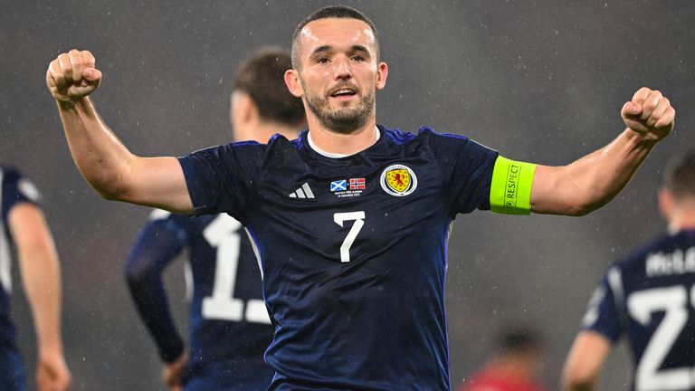 Scotland's John McGinn celebrates after making it 1-1 during a UEFA Euro 2024 Qualifier between Scotland and Norway at Hampden Park, on November 19, 2023, in Glasgow, Scotland. (Photo by Paul Devlin / SNS Group)