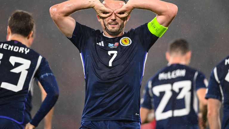 GLASGOW, SCOTLAND - NOVEMBER 19: Scotland's John McGinn celebrates after making it 1-1 during a UEFA Euro 2024 Qualifier between Scotland and Norway at Hampden Park, on November 19, 2023, in Glasgow, Scotland. (Photo by Paul Devlin / SNS Group)