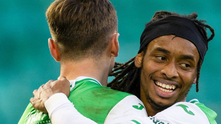 EDINBURGH, SCOTLAND - NOVEMBER 11: Hibernian's Josh Campbell celebrates with Jair Tavares after making it 1-0 during a cinch Premiership match between Hibernian and Kilmarnock at Easter Road Stadium, on November 11, 2023, in Edinburgh, Scotland. (Photo by Mark Scates / SNS Group)