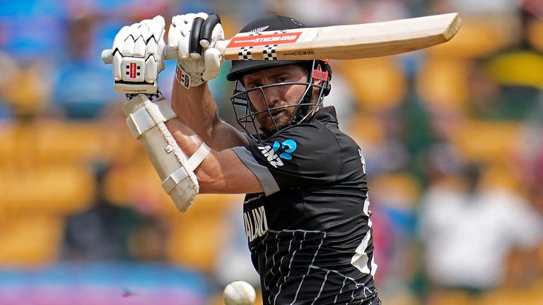 New Zealand's captain Kane Williamson plays a shot during the ICC Men's Cricket World Cup match between New Zealand and Pakistan in Bengaluru, India, Saturday, Nov. 4, 2023. (AP Photo/Aijaz Rahi)