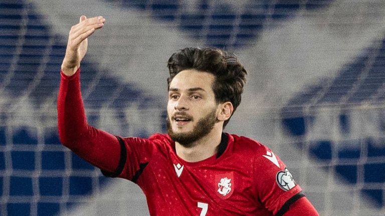 TBILISI, GEORGIA - NOVEMBER 16: Georgia's Khvicha Kvaratskhelia celebrates after scoring to make it 1-0 during a UEFA Euro 2024 Qualifier between Georgia and Scotland at the Boris Paichadze Dinamo Arena, on November 16, 2023, in Tbilisi, Georgia. (Photo by Craig Williamson / SNS Group)