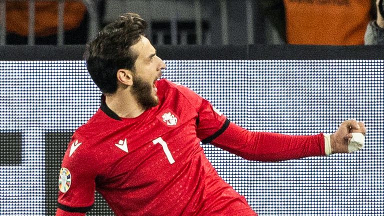 TBILISI, GEORGIA - NOVEMBER 16: Georgia's Khvicha Kvaratskhelia celebrates after scoring to make it 2-1 during a UEFA Euro 2024 Qualifier between Georgia and Scotland at the Boris Paichadze Dinamo Arena, on November 16, 2023, in Tbilisi, Georgia. (Photo by Craig Williamson / SNS Group)