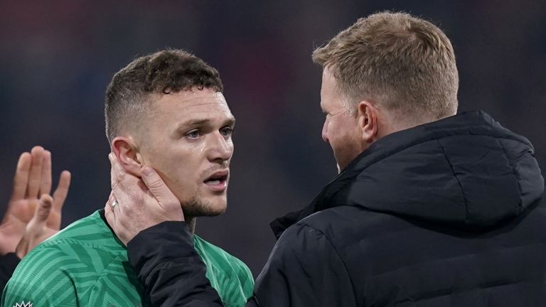 A dejected Kieran Trippier of Newcastle United is consoled by manager Eddie Howe after an altercation with a fan after the Premier League match at the Vitality Stadium, Bournemouth. Picture date: Saturday November 11, 2023.