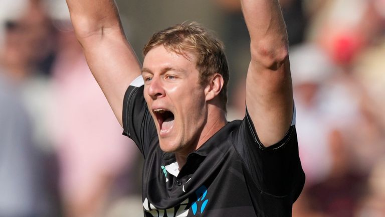 New Zealand's Kyle Jamieson celebrates dismissing England's Liam Livingstone during the One Day International cricket match between England and New Zealand at Lord's cricket ground in London, Friday, Sept. 15, 2023. (AP Photo/Kirsty Wigglesworth)