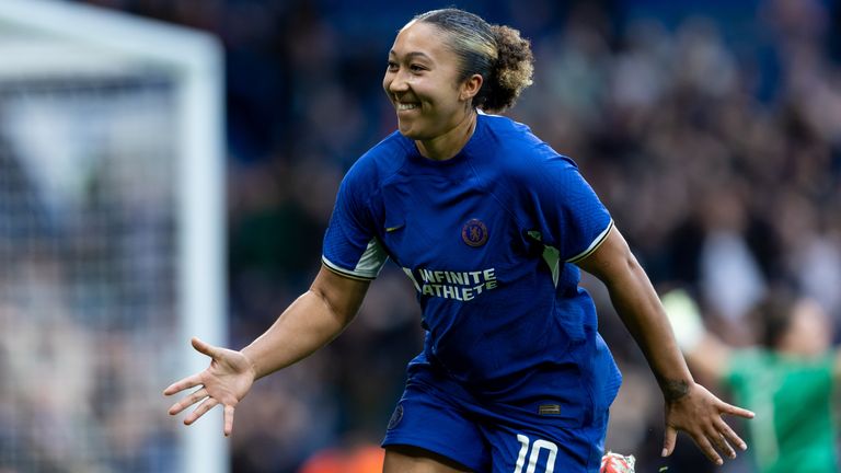 Lauren James of Chelsea celebrates after scoring her sides third goal
