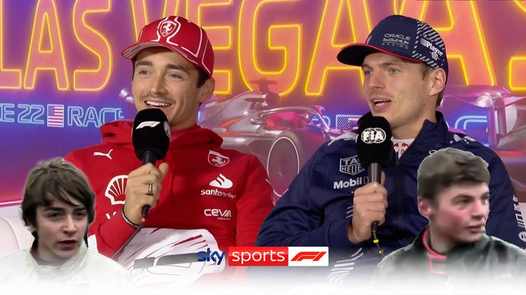 Charles Leclerc & Max Verstappen discuss their lap one incident and joke about their past karting confrontations after the Las Vegas GP.