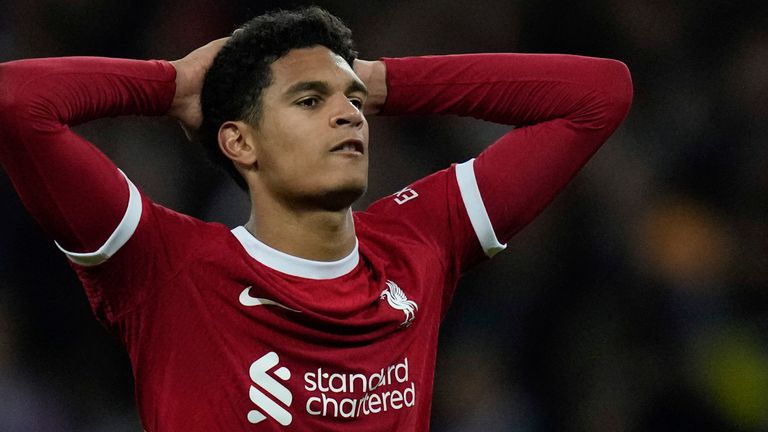 Liverpool's Jarell Quansah reacts at the end of the Europa League Group E soccer match between Toulouse and Liverpool, at the Toulouse Stadium in Toulouse, France, Thursday, Nov. 9, 2023. (AP Photo/Thibault Camus)