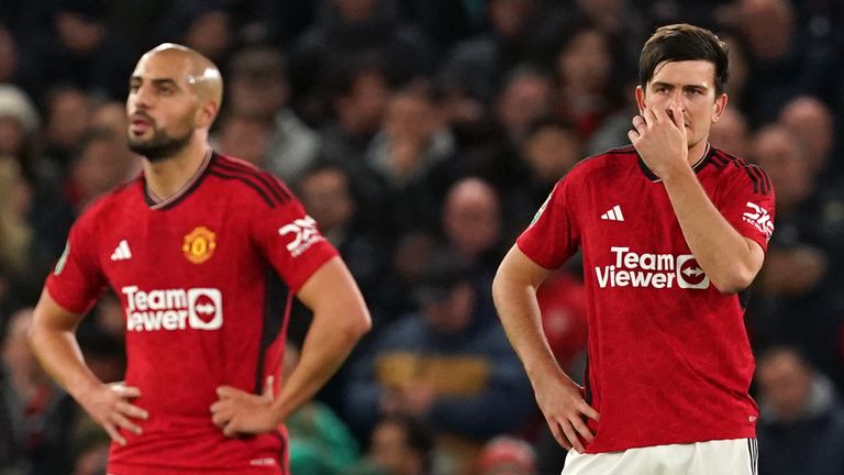 Man Utd&#39;s Sofyan Amrabat and Harry Maguire cut frustrated figures during the Carabao Cup defeat to Newcastle