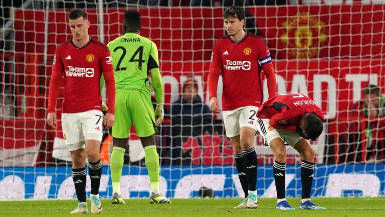 Man Utd players react after Joe Willock (not pictured) puts Newcastle 3-0 up