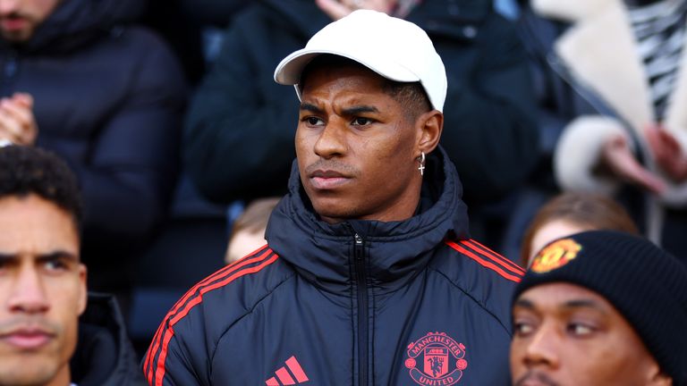 Marcus Rashford watches from the stands after being left out of the Man Utd match-day squad