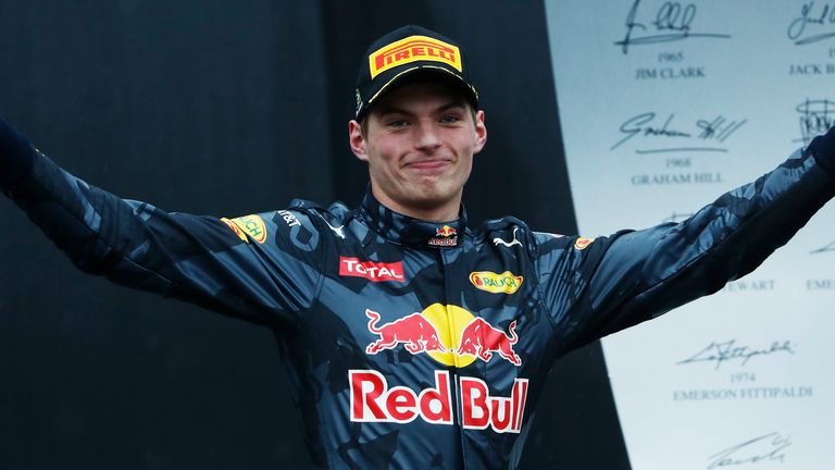 Interlagos, Sao Paulo, Brazil..Sunday 13 November 2016..Max Verstappen, Red Bull Racing, 3rd Position, arrives on the podium..World Copyright: Dunbar/LAT Photographic.ref: Digital Image _X4I8141