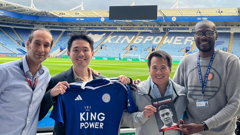 Sky Sports News' Dav Trehan and Leicester CIty Diversity and Inclusion lead John Olaleye celebrate Frank Soo at the King Power Stadium with Maxwell Min and Alan Lau from the Frank Soo Foundation