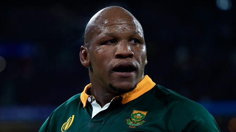 South Africa's Mbongeni Mbonambi reacts during the Rugby World Cup quarterfinal match between France and South Africa at the Stade de France in Saint-Denis, near Paris, Sunday, Oct. 15, 2023. (AP Photo/Aurelien Morissard)