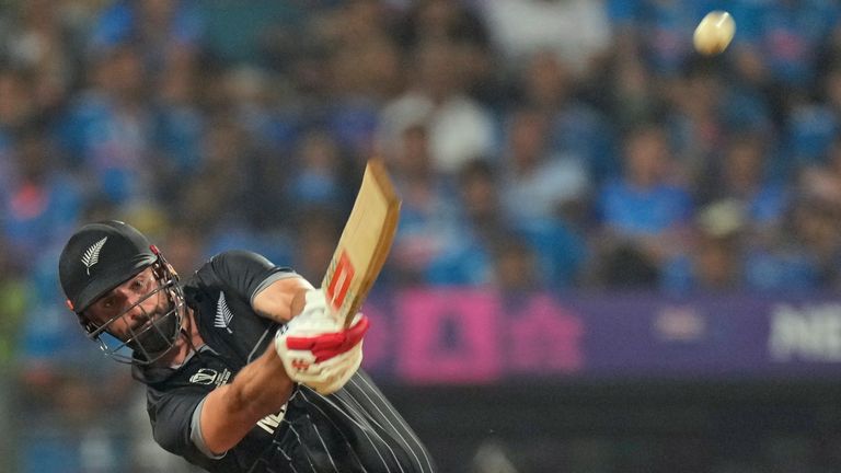 New Zealand&#39;s Daryl Mitchell bats during the ICC Men&#39;s Cricket World Cup first semifinal match between India and New Zealand in Mumbai, India, Wednesday, Nov. 15, 2023.