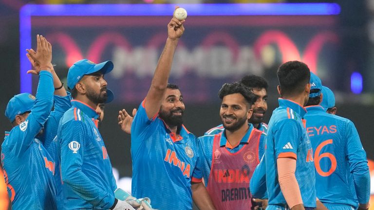 India's Mohammed Shami celebrates his five-wicket haul after dismissing Sri Lanka's Kasun Rajitha during the ICC Men's Cricket World Cup match between India and Sri Lanka in Mumbai, India, Thursday, Nov. 2, 2023. (AP Photo/Rafiq Maqbool)