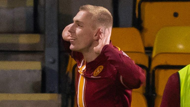 Motherwell's Mika Biereth celebrates his goal to make it 2-2 during a cinch Premiership match between St Johnstone and Motherwell at McDiarmid Park