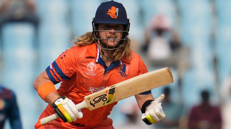 Netherlands' Max O'Dowd plays a shot during the ICC Men's Cricket World Cup match between Afghanistan and Netherlands in Lucknow, India, Friday, Nov. 3, 2023. (AP Photo/Altaf Qadri)