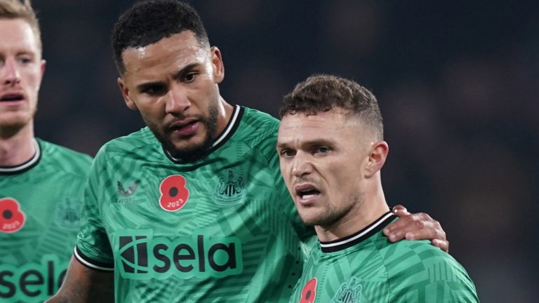 A dejected Kieran Trippier of Newcastle United is consoled by team-mate Jamaal Lascelles after an altercation with a fan after the Premier League match at the Vitality Stadium, Bournemouth. Picture date: Saturday November 11, 2023.