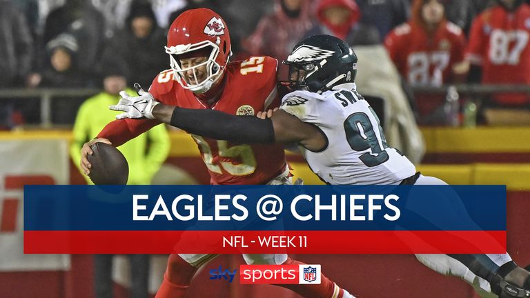 Philadelphia Eagles defensive end Josh Sweat (94) tackles Kansas City Chiefs quarterback Patrick Mahomes (15) during the second half of an NFL football game Monday, Nov. 20, 2023, in Kansas City, Mo.