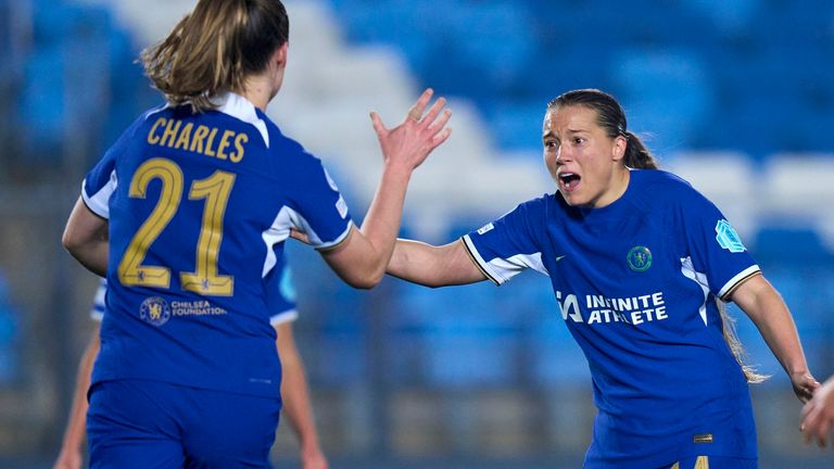 Fran Kirby congratulates Niamh Charles on her equaliser for Chelsea        