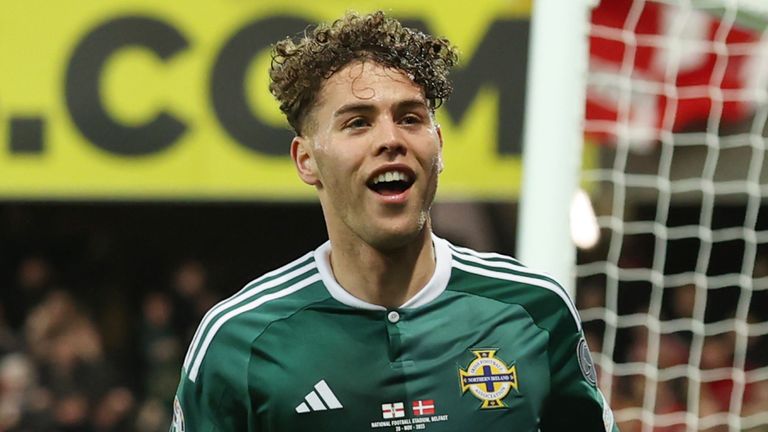 Northern Ireland's Dion Charles celebrates scoring their side's second goal of the game during the UEFA Euro 2024 qualifying match at Windsor Park, Belfast. Picture date: Monday November 20, 2023.