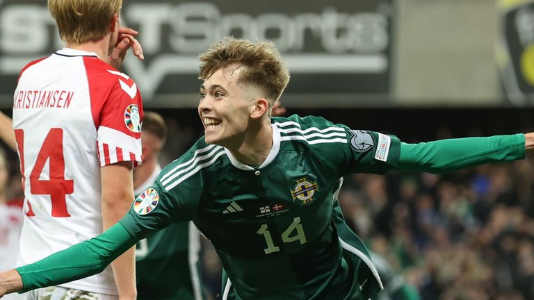 Northern Ireland's Isaac Price celebrates scoring their side's first goal of the game during the UEFA Euro 2024 qualifying match at Windsor Park, Belfast. Picture date: Monday November 20, 2023.