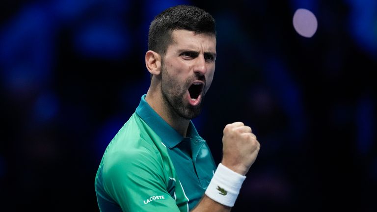 Serbia&#39;s Novak Djokovic reacts after defeating Spain&#39;s Carlos Alcaraz in their singles semifinal tennis match of the ATP World Tour Finals at the Pala Alpitour, in Turin, Italy, Saturday, Nov. 18, 2023. (AP Photo/Antonio Calanni)