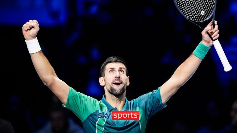 Novak Djokovic celebrates his wn against Carlos Alcaraz