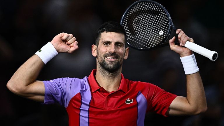 Serbia&#39;s Novak Djokovic celebrates after winning his men&#39;s singles match against Argentina&#39;s Tomas Martin Etcheverry on day three of the Paris ATP Masters 1000 tennis tournament at the Accor Arena - Palais Omnisports de Paris-Bercy - in Paris on November 1, 2023. (Photo by JULIEN DE ROSA / AFP) (Photo by JULIEN DE ROSA/AFP via Getty Images)